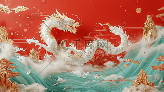 吉祥手绘插画图片_雕刻河流龙年金色手绘海报插画海报