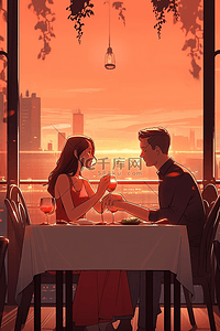餐厅吃饭约会夕阳情侣手绘海报素材