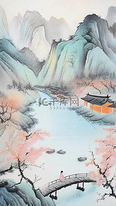 绿色磨砂纹理插画图片_青绿色肌理磨砂春在深山自然山水插画设计