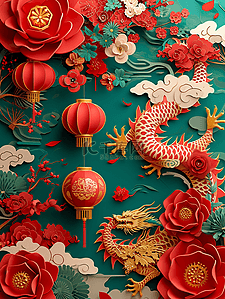 窗花剪纸插画图片_新年灯笼龙年云彩插画海报