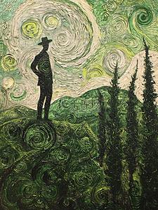 绿色油画抽象纹理人物背影的插画11