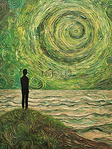 绿色油画抽象纹理人物背影的插画14