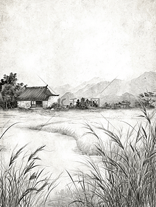 黑白手绘插画图片_手绘素描黑白野外乡村茅屋的插画3