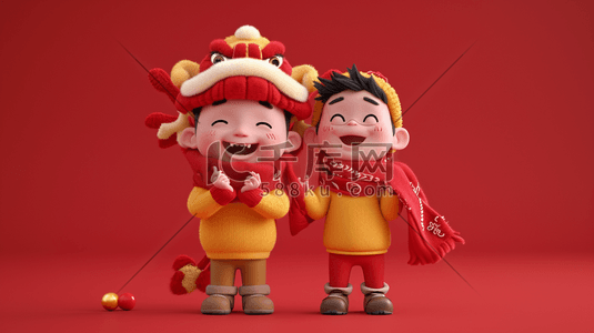 红色中国大气插画图片_立体红色中国春节龙年小孩开心的插画12