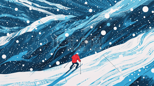 冬季大雪雪景穿红色衣服滑雪的插画11