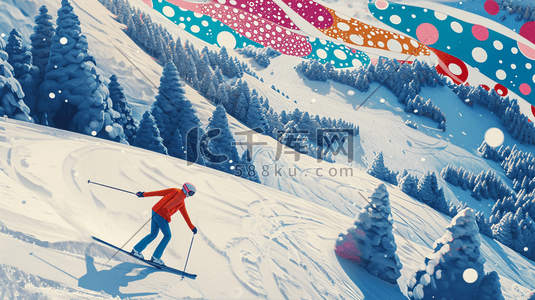 冬季大雪雪景穿红色衣服滑雪的插画21
