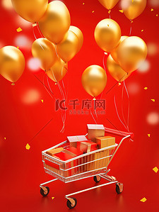礼盒年货插画图片_购物车礼盒和气球节日大促图片