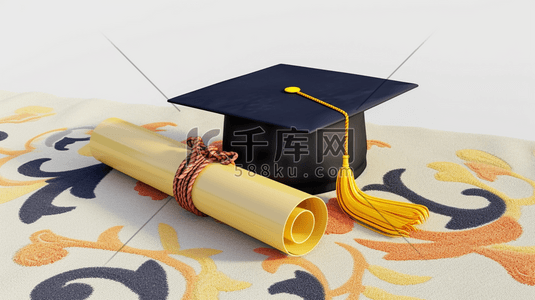 毕业博士帽背景插画图片_花纹背景上博士帽毕业证书的插画4