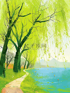 艺术海报春季插画图片_春风湖边发芽柳树插画海报