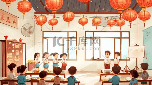 手绘彩色小学生温馨教室上课的插画3