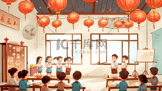 学生教室上课插画图片_手绘彩色小学生温馨教室上课的插画3