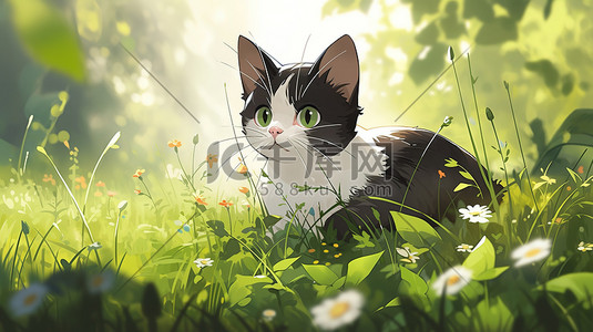 草地猫咪插画图片_春天的草地上可爱的猫咪矢量插画
