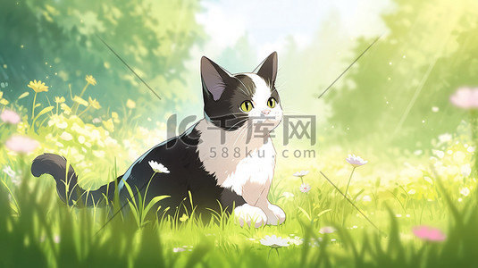 春天的草地上可爱的猫咪插画设计