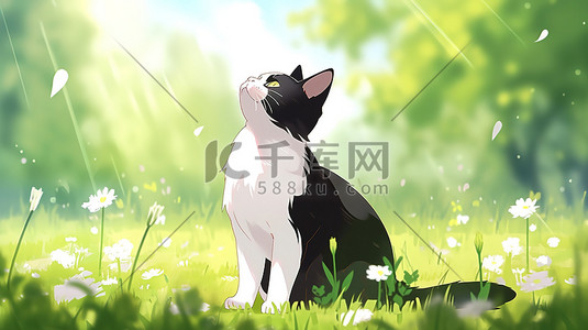 草地猫咪插画图片_春天的草地上可爱的猫咪素材