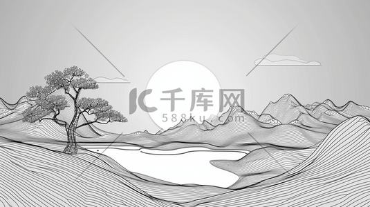 手绘线条黑白色夕阳下山脉的插画1