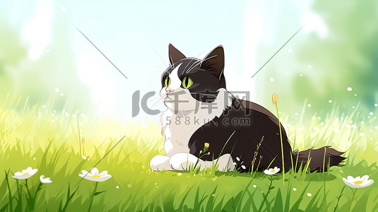 春天的草地上可爱的猫咪插画素材