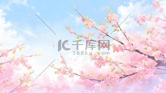 蓝色天空桃树枝上开花的插画4