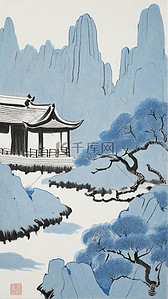 非遗中国传统蜡染园林山水亭台楼阁1插画图片
