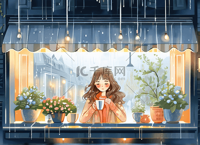 咖啡馆插画图片_女孩咖啡馆窗户喝咖啡单独城市夜晚图片
