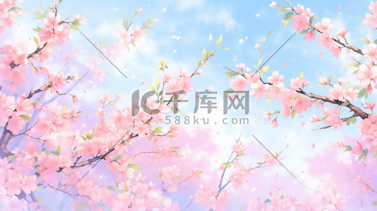 蓝色天空桃树枝上开花的插画2
