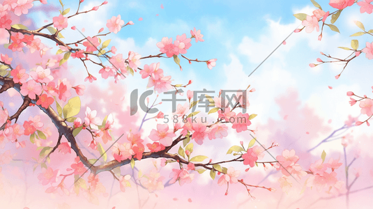 蓝色天空桃树枝上开花的插画5