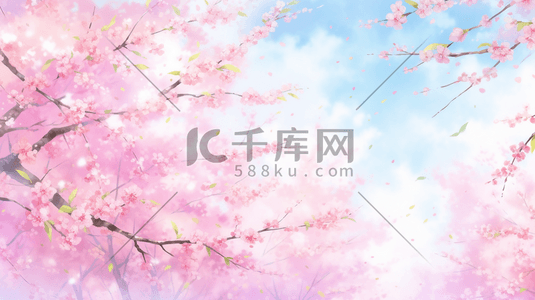 桃树开花插画图片_蓝色天空桃树枝上开花的插画9