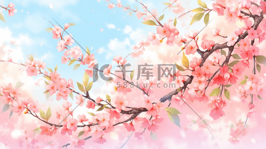 桃树开花插画图片_蓝色天空桃树枝上开花的插画1