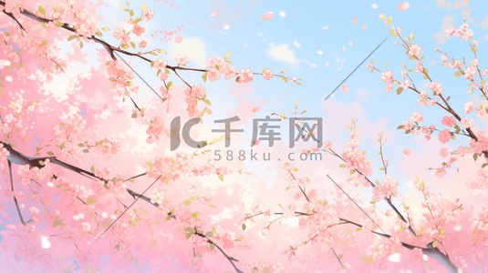 桃树开花插画图片_蓝色天空桃树枝上开花的插画13