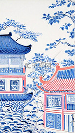 非遗中国传统蜡染园林山水亭台楼阁插画