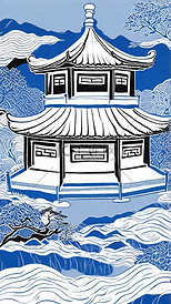 非遗中国传统蜡染园林山水亭台楼阁插画图片