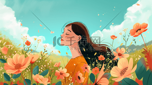 开心的手绘女孩插画图片_手绘彩色花丛里漂亮女孩开心的插画12