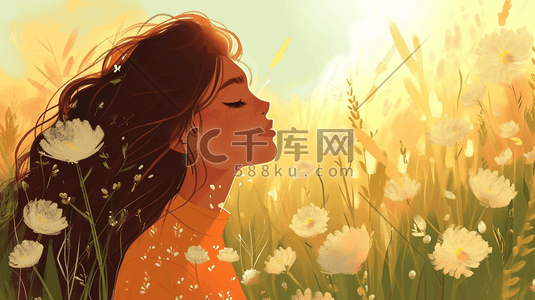 手绘彩色花丛里漂亮女孩开心的插画17