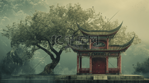 中国手绘庭院建筑古风古院的插画19