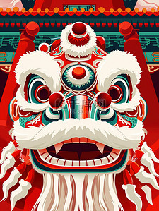 狮子头插画图片_狮子和古建筑中国风插画