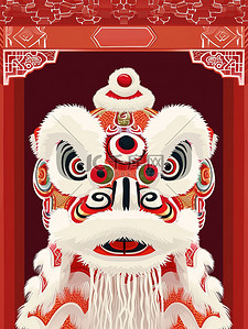 狮子和古建筑中国风插画