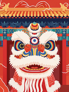 狮子头插画图片_狮子和古建筑中国风插画