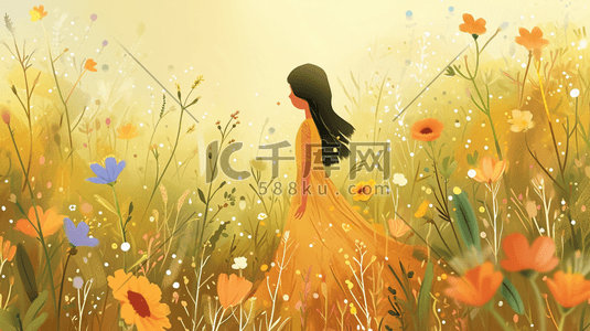 手绘彩色花丛里漂亮女孩开心的插画3