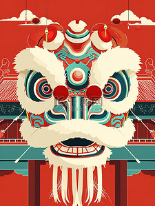 狮子和古建筑中国风插画