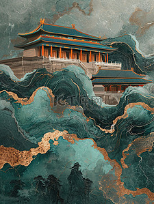 翠绿色的山脉和古建筑中国风插图