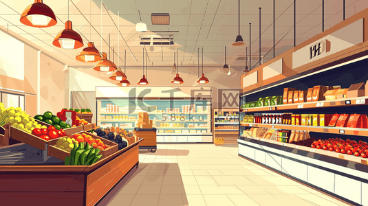超插画图片_手绘超市里水果蔬菜酒水食物的插画2