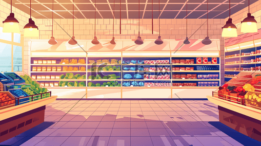 手绘超市里水果蔬菜酒水食物的插画6