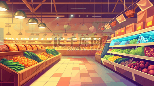 酒水商城插画图片_手绘超市里水果蔬菜酒水食物的插画9