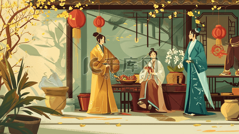 中国彩色古代女子闺中密友喝茶的插画8