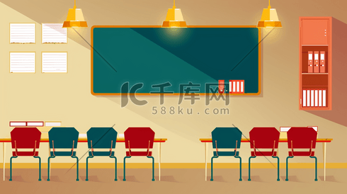 彩色平面教室桌椅讲台的插画5