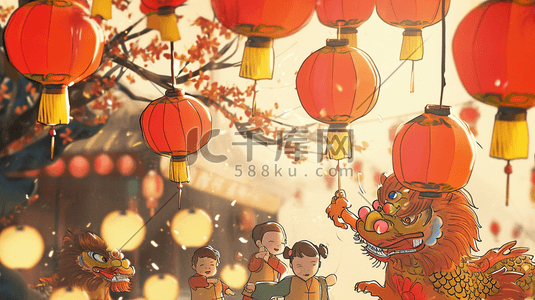 卡通过年灯笼插画图片_卡通中国春节龙年孩童观看舞狮的背景图3插画