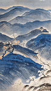 板绘插画图片_国风青花瓷岩彩板绘春天山野图片