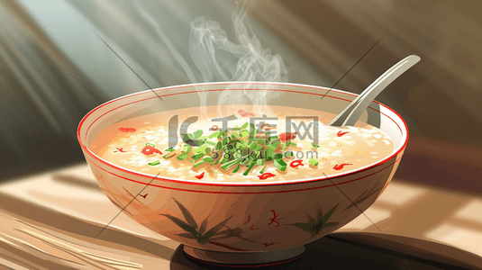 陶瓷插画图片_彩色陶瓷碗里热气腾腾的美食的插画6