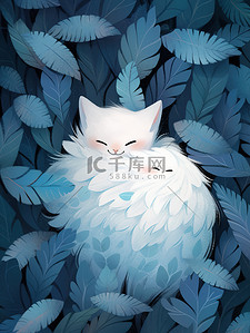 白色的猫藏蓝色的羽毛中插画图片