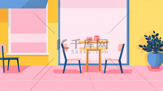 咖啡馆插画图片_咖啡馆粉色黄色和蓝色插画