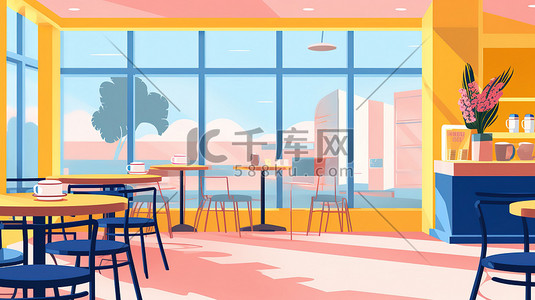 咖啡馆插画图片_咖啡馆粉色黄色和蓝色插画